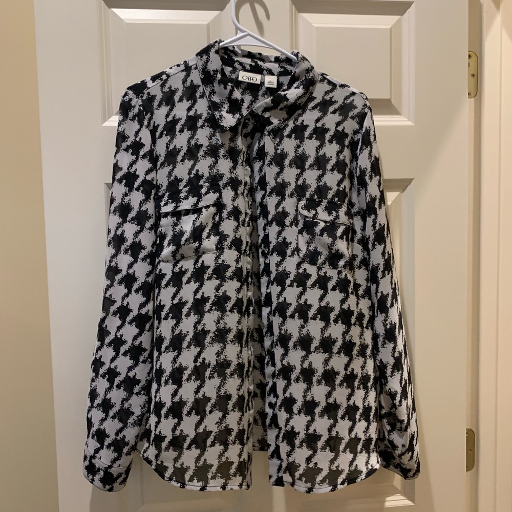 Cato L Houndstooth Long sleeve Sheer Blouse Top